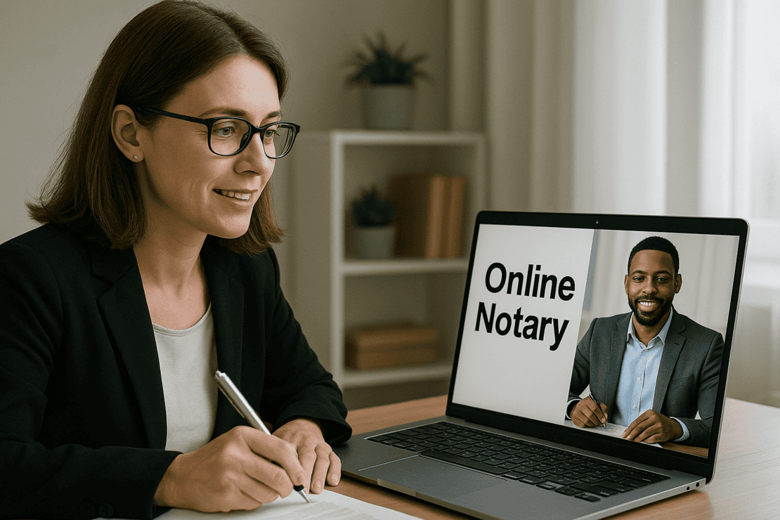 woman sitting at table with a laptop on it and on the screen a man wigning a document and the words "online notary" beside him